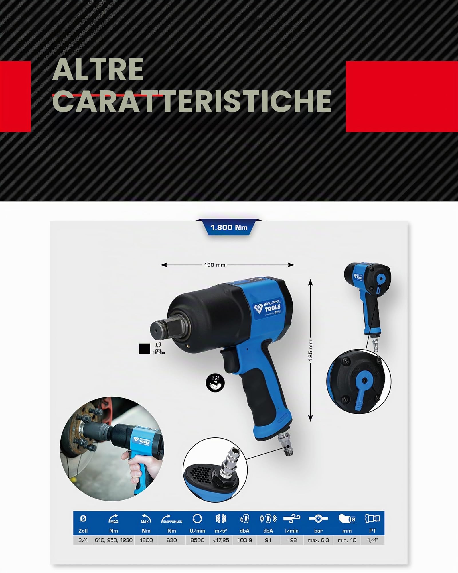 BRILLIANT TOOLS BT160200 3/4" Avvitatore ad impulsi ad aria compressa, 1.800 Nm [Powered by KS TOOLS]