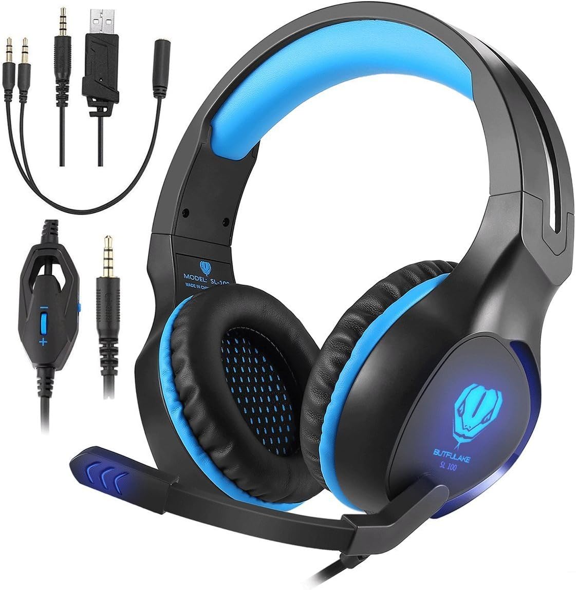 Butfulake Gaming Headset for Xbox One PS4 PlayStation 4 Nintendo Switch PC Smartphone, 3.5mm Stereo Gaming Sound Over-Ear Headphones Noise Cancelling with Mic & LED Light, Blue