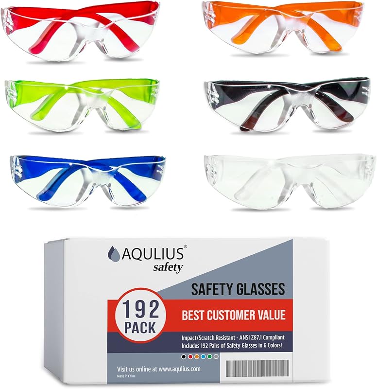 Aqulius 192 Bulk Safety Glasses for Men & Women - ANSI Z78.1 Certified - Scratch/Impact Resistant Crystal Clear Eye Protection Glasses for Construction, Shooting & More (6 Colors) - Safety Goggles