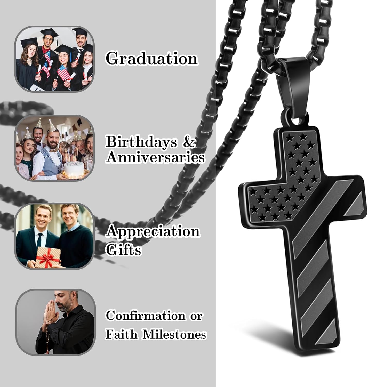 18+2 Inch Stainless Steel Cross Necklace Black American Flag Pendant – Bible Verse Christian Religious Necklaces Jewelry - Birthday Baptism Valentine Military Gift for Teens Grandson Son - Image 2