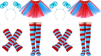 8 Pcs Women Blue Red Striped Costume Set Outfit Accessories Tutu Skirt Long Knee High Sock Striped Glove Headband