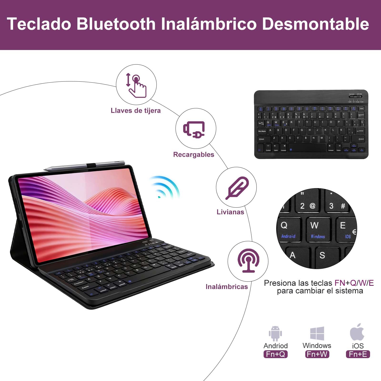 Funda con Teclado para Lenovo Tab 10.1" 2025 TB-311FU TB-311XU | Teclado Bluetooth Inalámbrico Desmontable Magnético, Funda Teclado para Lenovo 10.1 Pulgadas, Español Ñ
