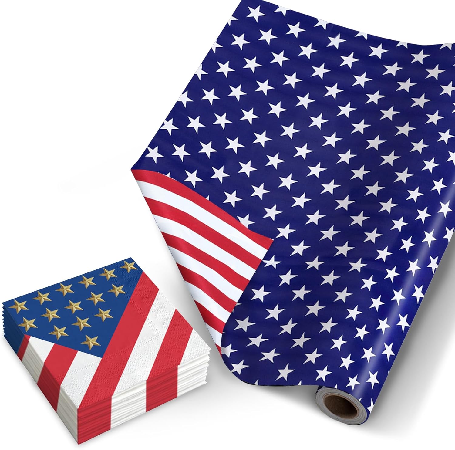 RUSPEPA Reversible Patriotic Wrapping Paper Roll Set, Mini Roll, Blue White Stars and Red White Stripes Design, 50 Pcs Patriotic Paper Napkins for 4th of July, Independence Day, Memorial Day