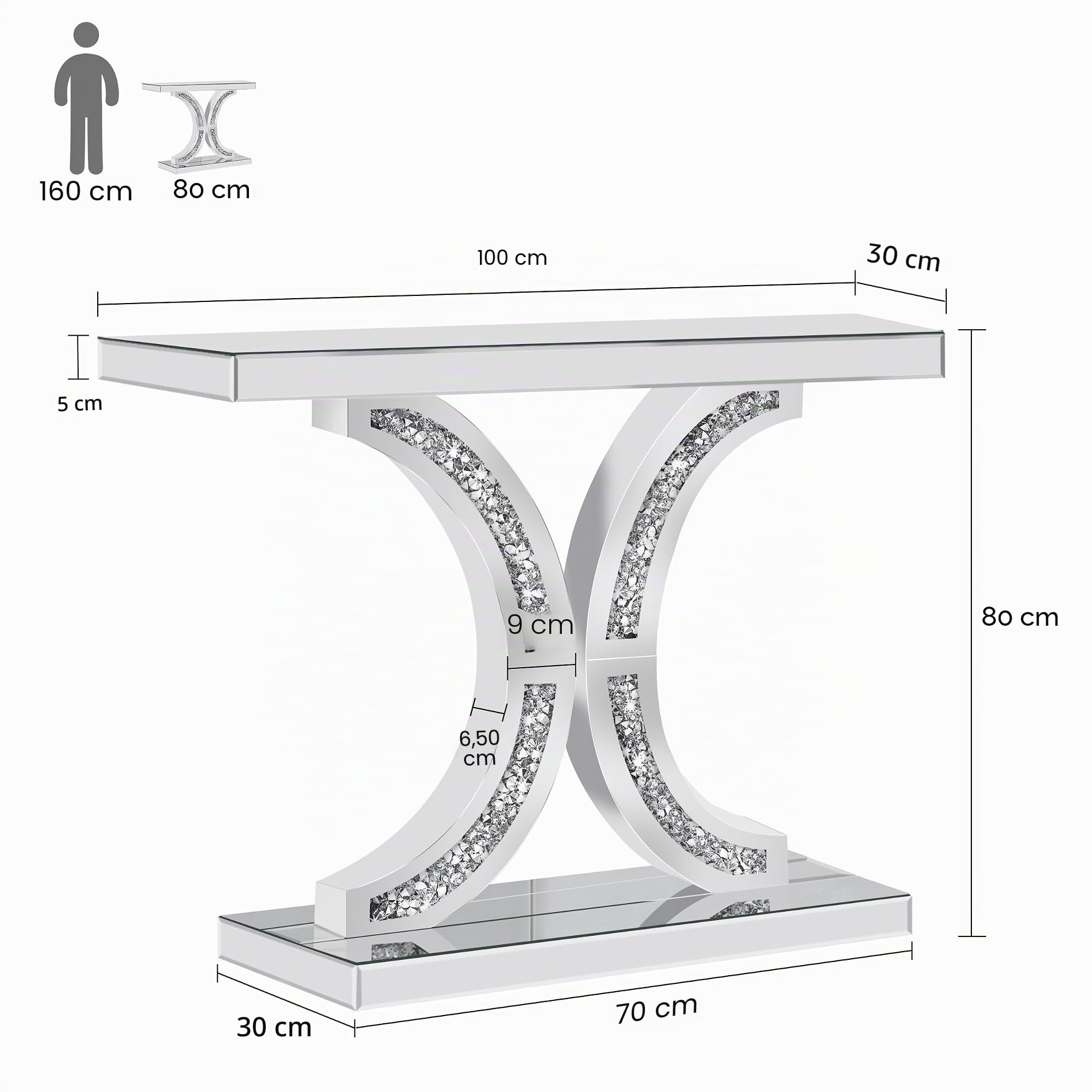Consola de espejo plateada con incrustaciones de diamantes, mesa de cristal de 100 cm, marco en forma de C, mesa moderna para salón, pasillo, vestíbulo