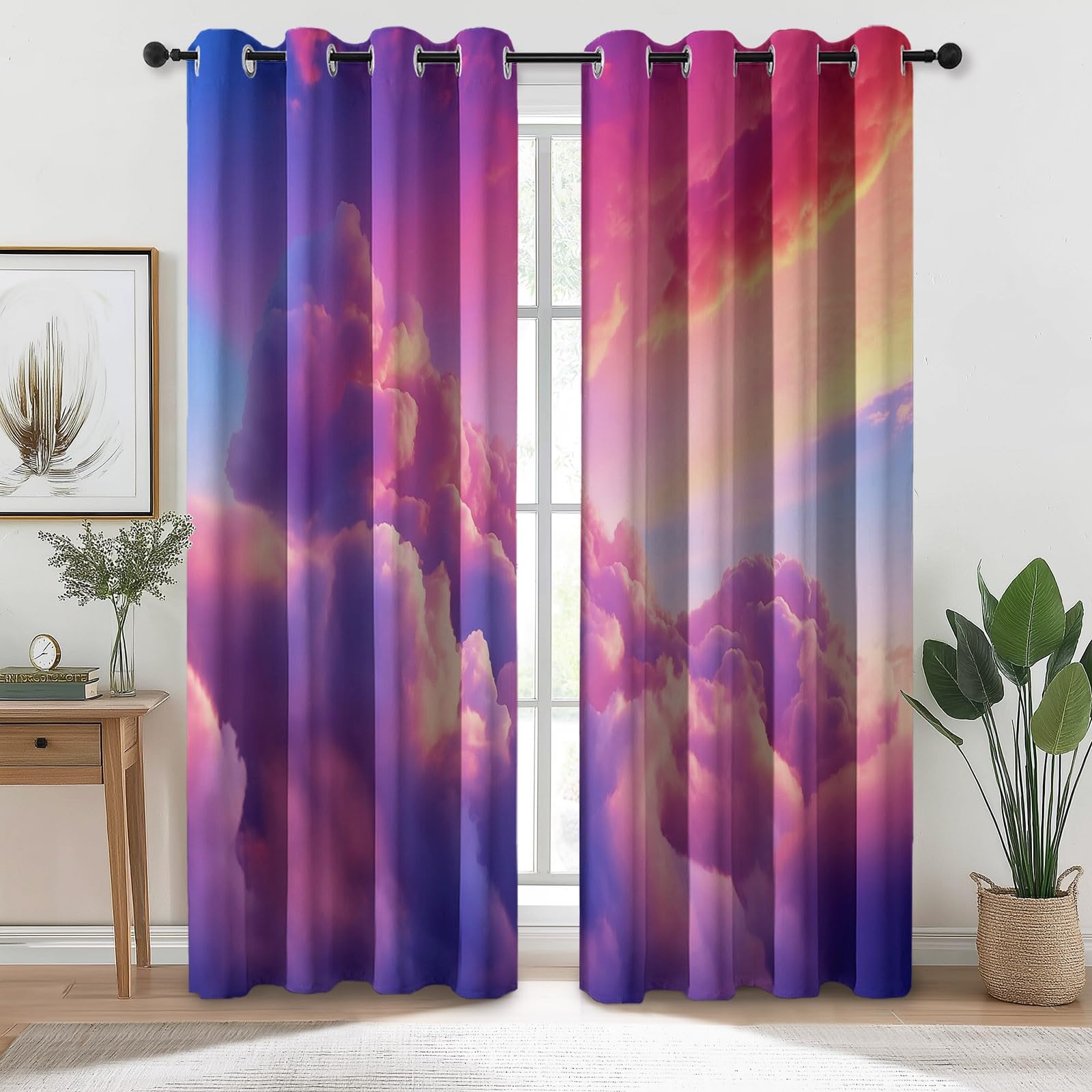Rideaux Longs 140L X 260H cm (2 Panneaux), Nuages De Rêve Imprimé, Tissu Occultant Épais pour Grand Salon et Loft, Rose Violet