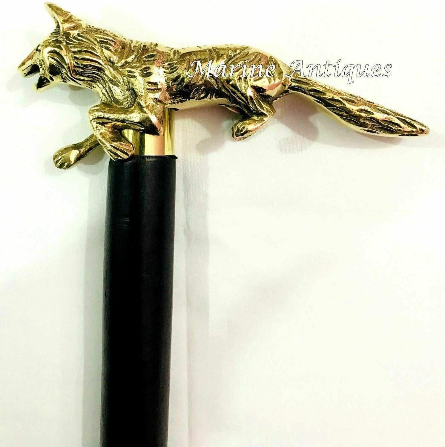 Unique Designer Brass Wolf Handle Black Wooden Walking Stick – Vintage Victorian Antique Cane – Collectible Gift for Men and Women