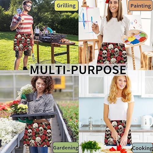 Miniatura 5 de Delantal corto de 3 bolsillos para la cintura, paquete de 3, diseño retro de calavera roja con rosas rojas para hombres y mujeres, cocina,