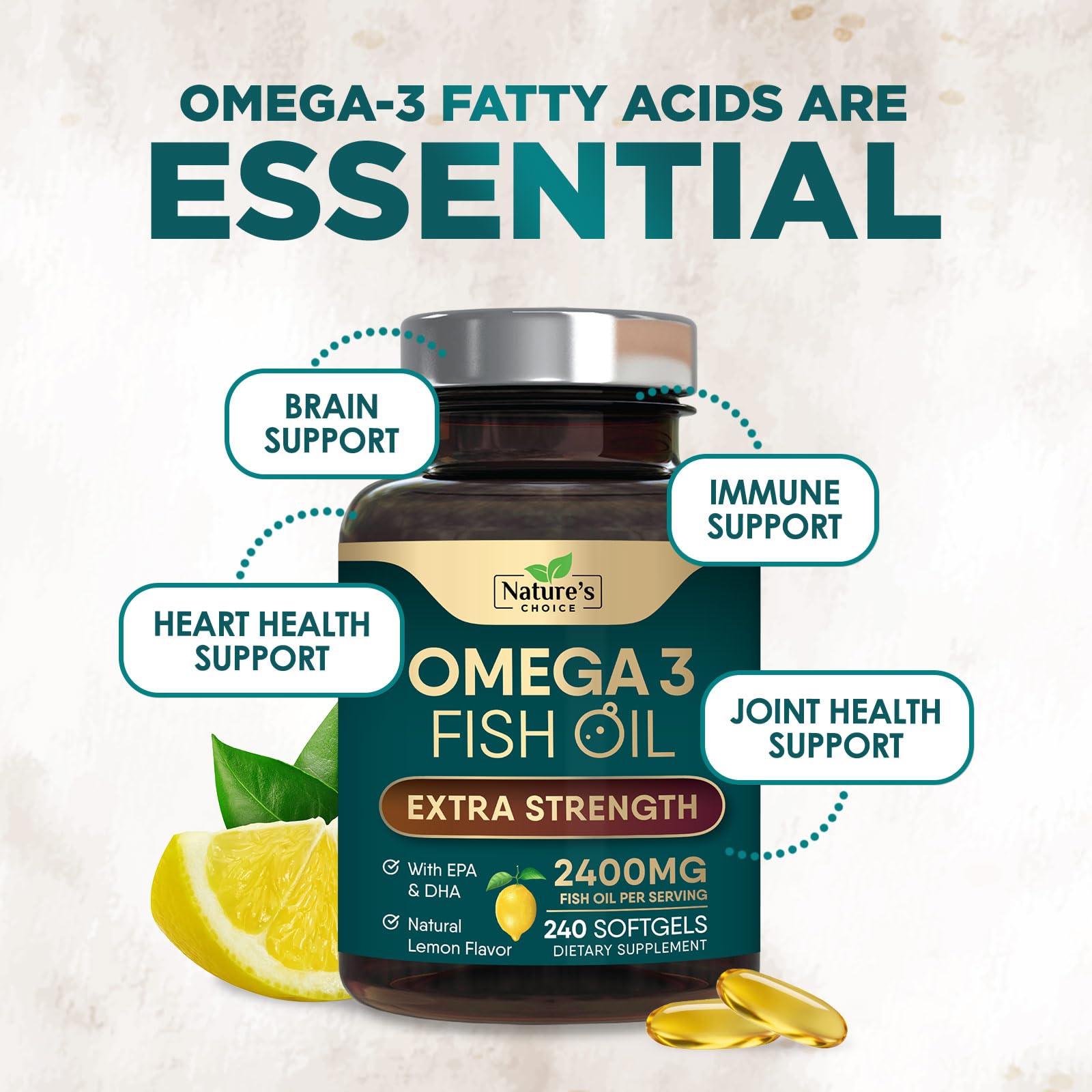 Omega 3 Fish Oil 2400mg - Triple Strength Fish Oil Omega 3 Supplements, Essential Fatty Acids EPA & DHA - Omega-3 for Natural Heart, Brain & Immune Support - Wild Caught, Bottled in USA - 240 Softgels — Amazon image 5