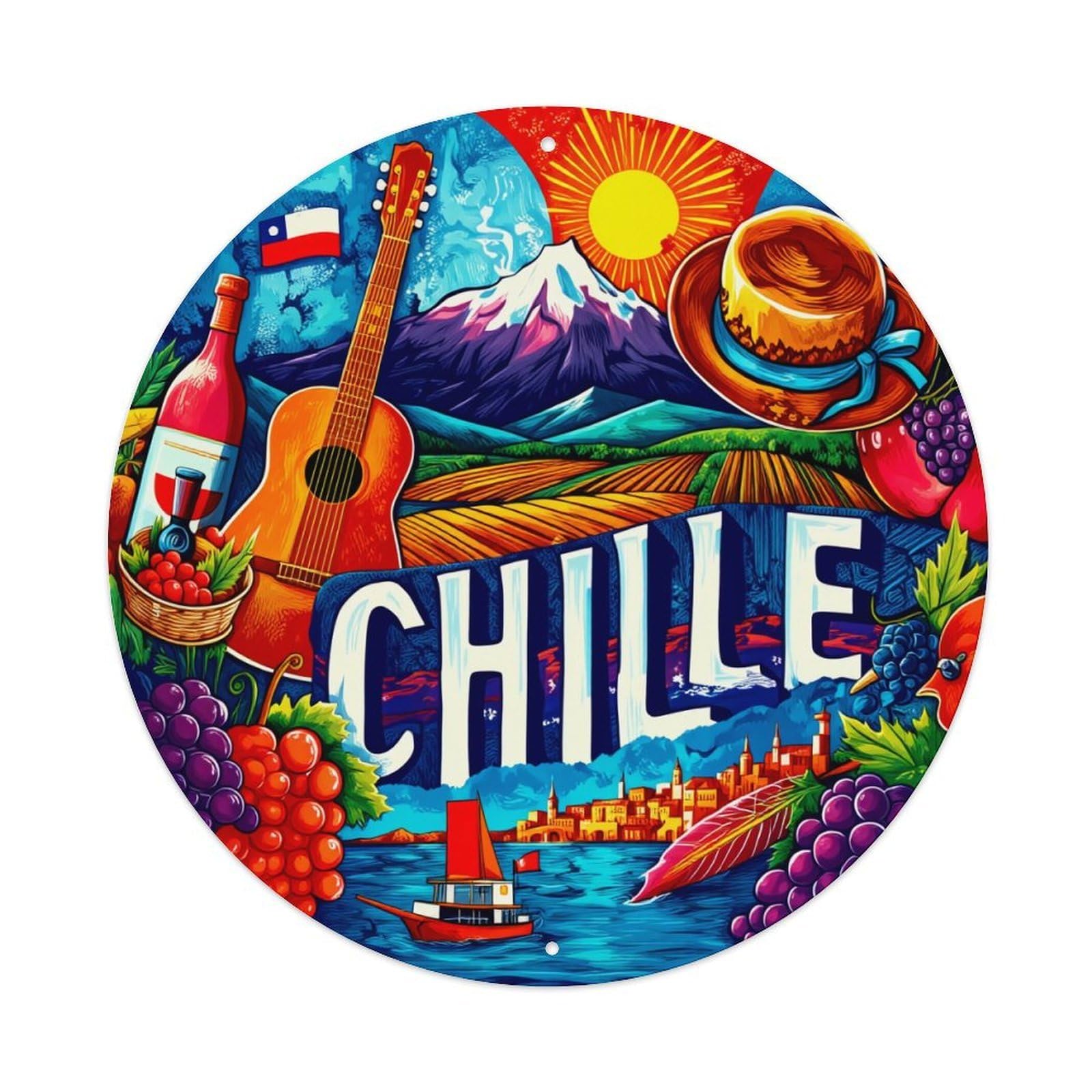 Chilean Landscape Guitar Wine Grapes Round Tin Sign Vintage Metal Poster, Home Bar Garage Man Cave Cafe Indoor & Outdoor Wall Decoration 8x8Inches