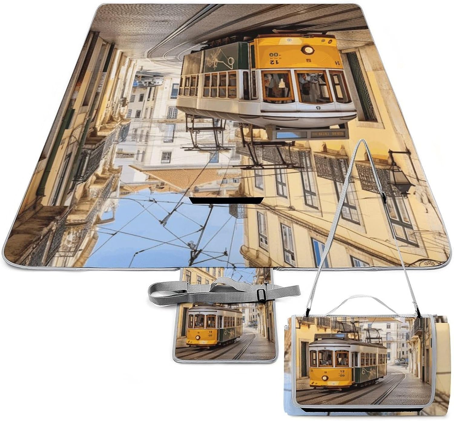 Lisbon Tram Picnic Blanket Outdoor, Square Foldable Lightweight Waterproof Beach Mat (58.3" X 58.3"), Portable Travel Rug for Beach, Camping, Lawn, Parks & Family Picnics