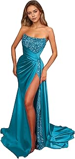 Sparkly Sequins Prom Dresses 2025 Mermaid Bridesmaid Dress with Slit Tube Satin Evening Formal Gown with Train DR0080