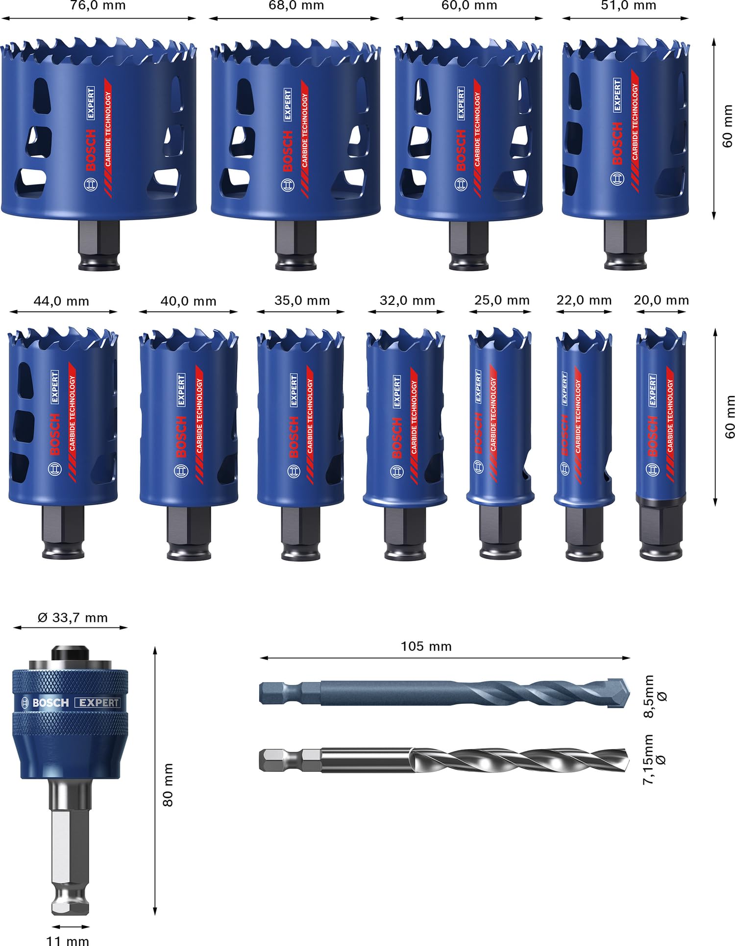 Bosch 14x Set di seghe a tazza universali EXPERT Multi Material PC Plus (per Legno con metallo, Mattone, Ø 20-76 mm, Professional Accessorio Trapanoi)