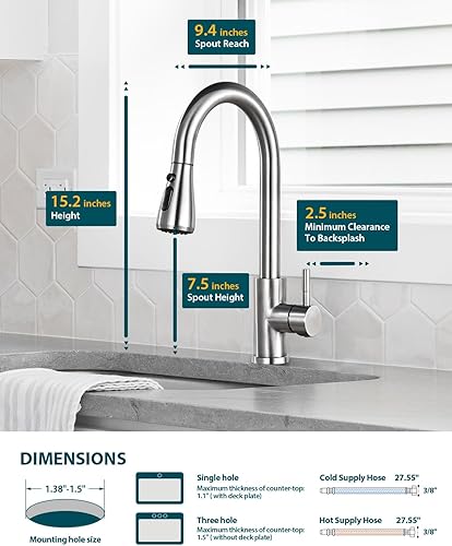 Miniatura 36 de Grifo de fregadero de cocina con rociador desplegable con placa de cubierta, grifo de arco alto de níquel cepillado, grifos modernos de acero Níquel