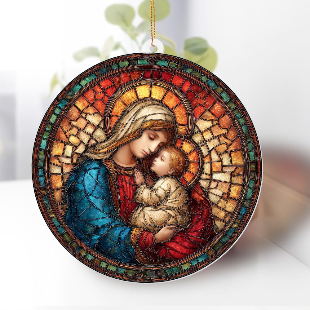 Holy Mother & Child Stained Glass Acrylic Ornament 2025 – Madonna & Child Religious Christmas Ornament, Nativity Window Sun Catcher Acrylic, Catholic Tree Decoration,Keepsake for Holiday Home (Sun-25)