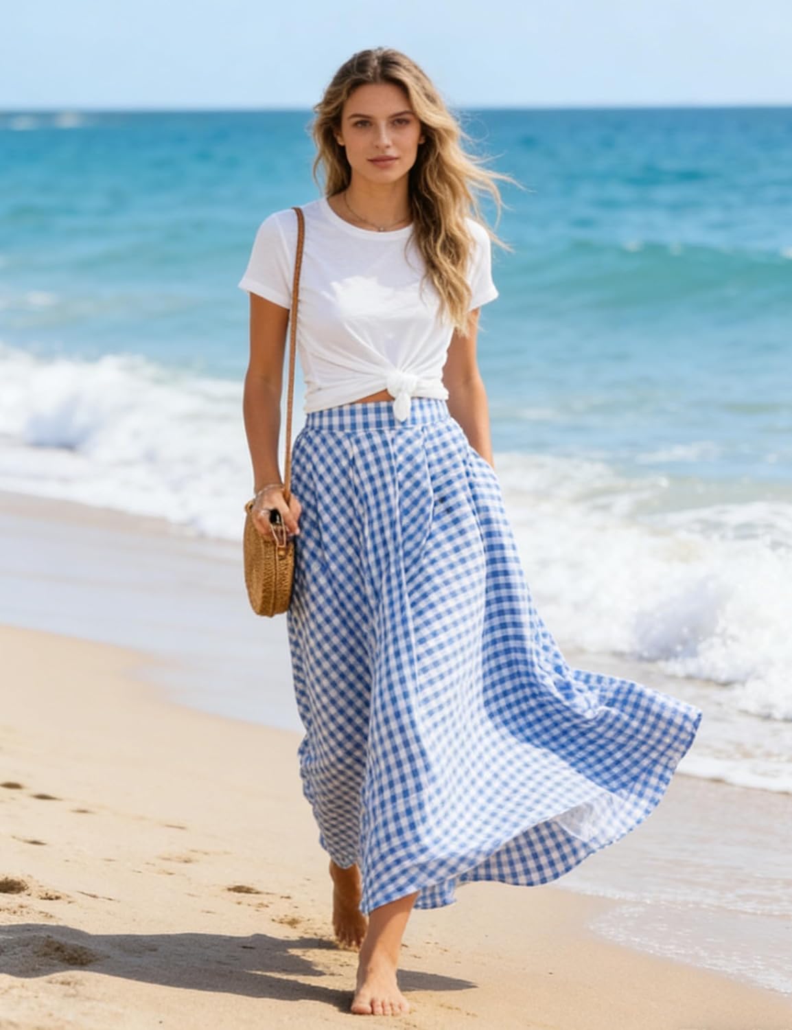 Mansy Women's Plaid Gingham Maxi Skirt High Waist A Line Pleated Flared Summer Casual Swing Long Skirt 2026
