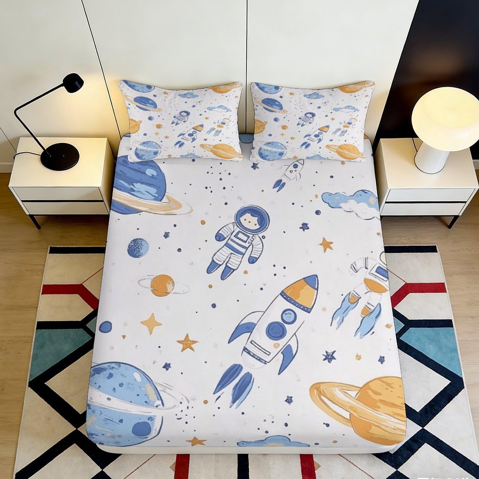 3D Printed Space Astronaut Fitted Sheet Microfiber Soft Breathable Planet Rocket Mattress Cover for Bedroom Dorm Guest Room Decor 200x200x25cm