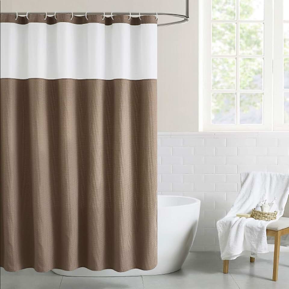 white and brown shower curtain