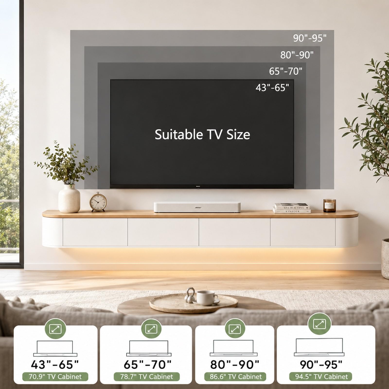 Meuble TV flottant moderne avec lumières LED – Meuble mural en bois massif avec tiroirs et gestion des câbles Finition blanche élégante 200 cm pour salon et chambre à coucher