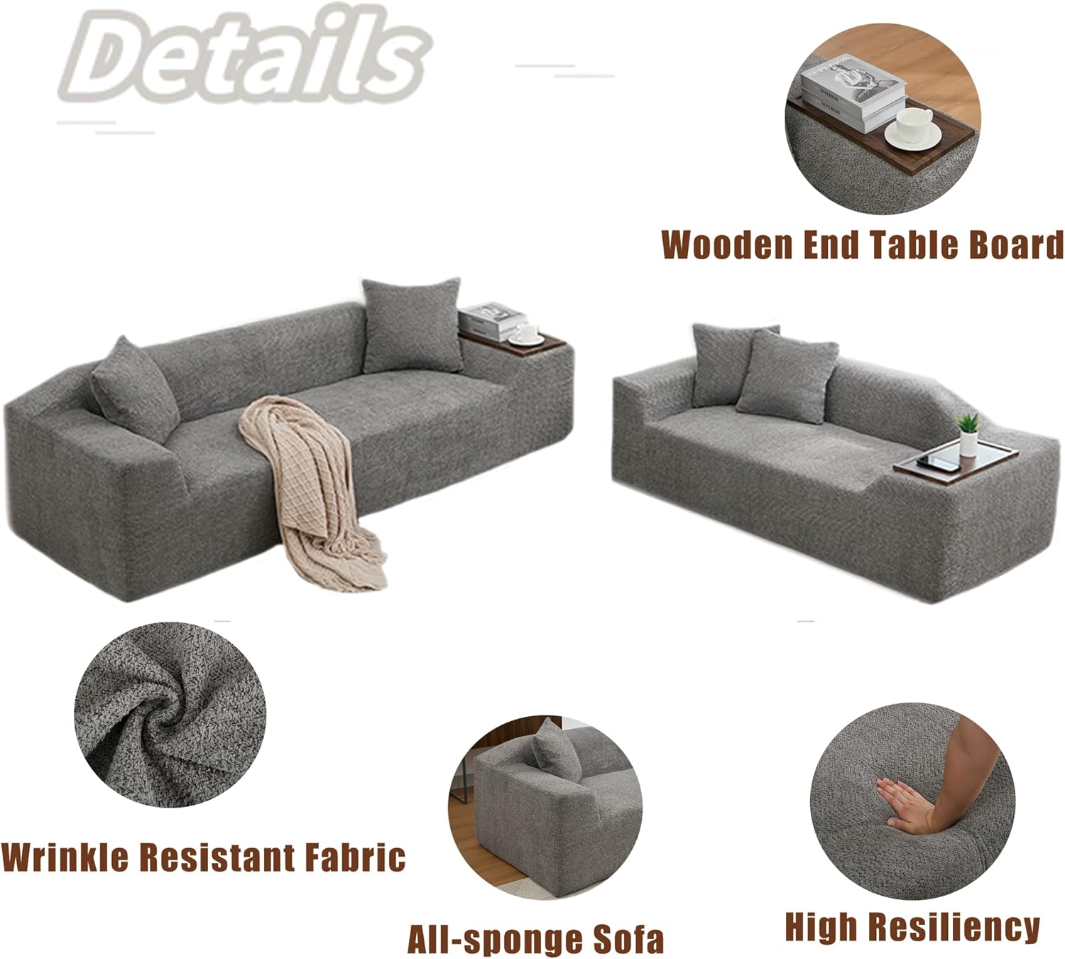KEIKI 2-Piece Boucle Cloud Sofa Set with 3 Seater and 2 Seater Sofa, Minimalist Upholstered Sofa Set with 2 MDF End Table Boards, No Assembly Required, for Apartment, Living Room, Dark Gray