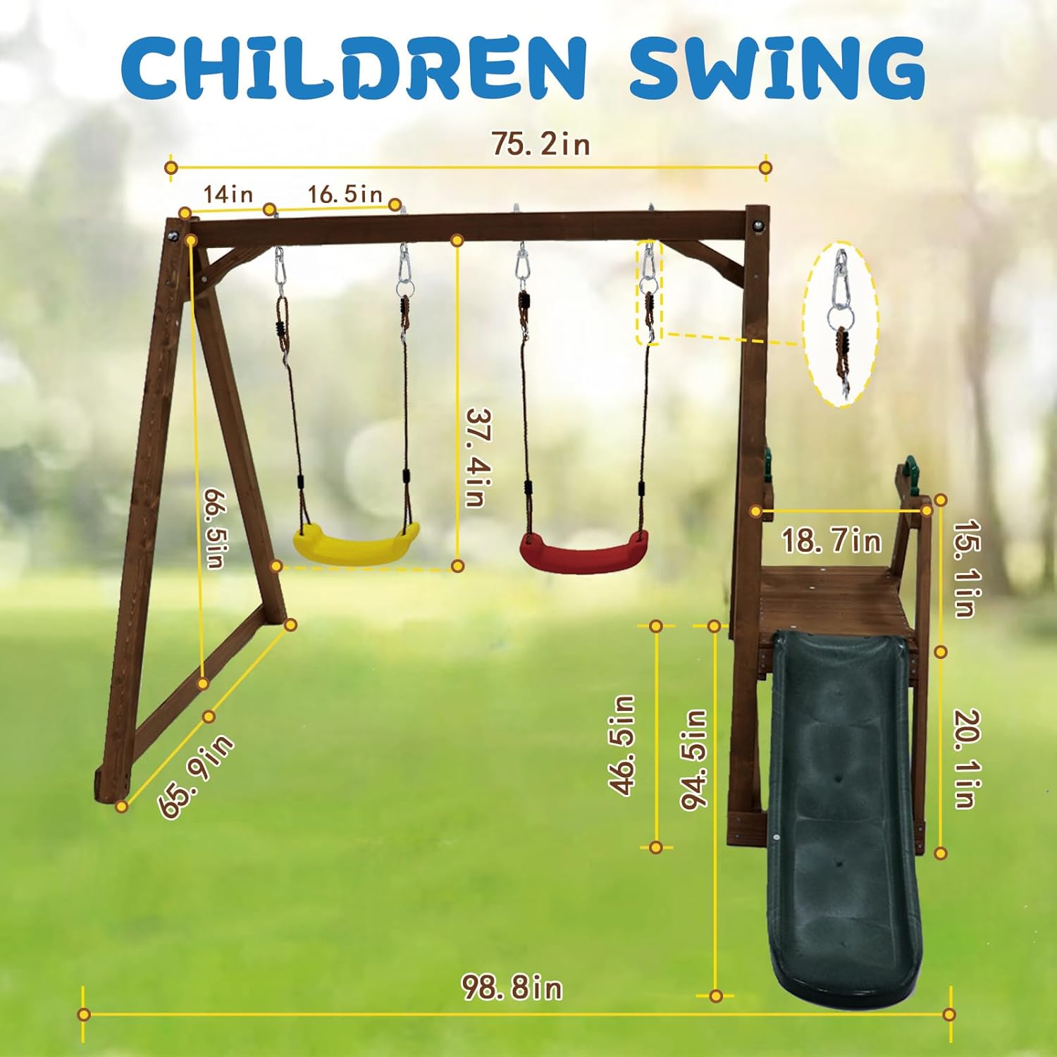 Kids Swing Set Outdoor and Slide - Sturdy Solid Wood Swing Frame with Climbing Ladder - Natural