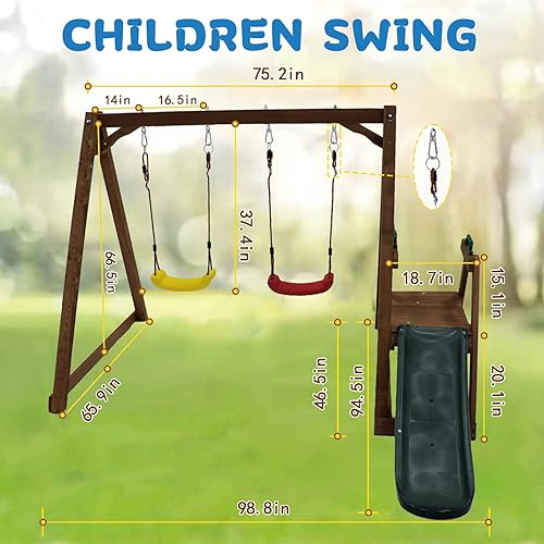 Miniatura 6 de Juego de columpios para niños para exteriores y tobogán, marco de columpio de madera maciza resistente con escalera de escalada, color natural