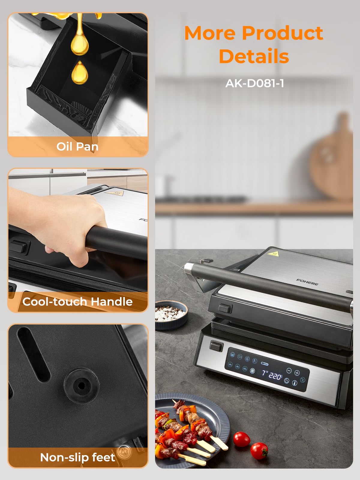 FOHERE Griglia Multifunzione, Piastra per Panini/Waffle Maker/Sandwich Maker 4 in 1, XL Piastre Antiaderenti Rimovibili 29 x 26 cm, Tempo e Temperatura Individuali, Display a LED, 2200 W