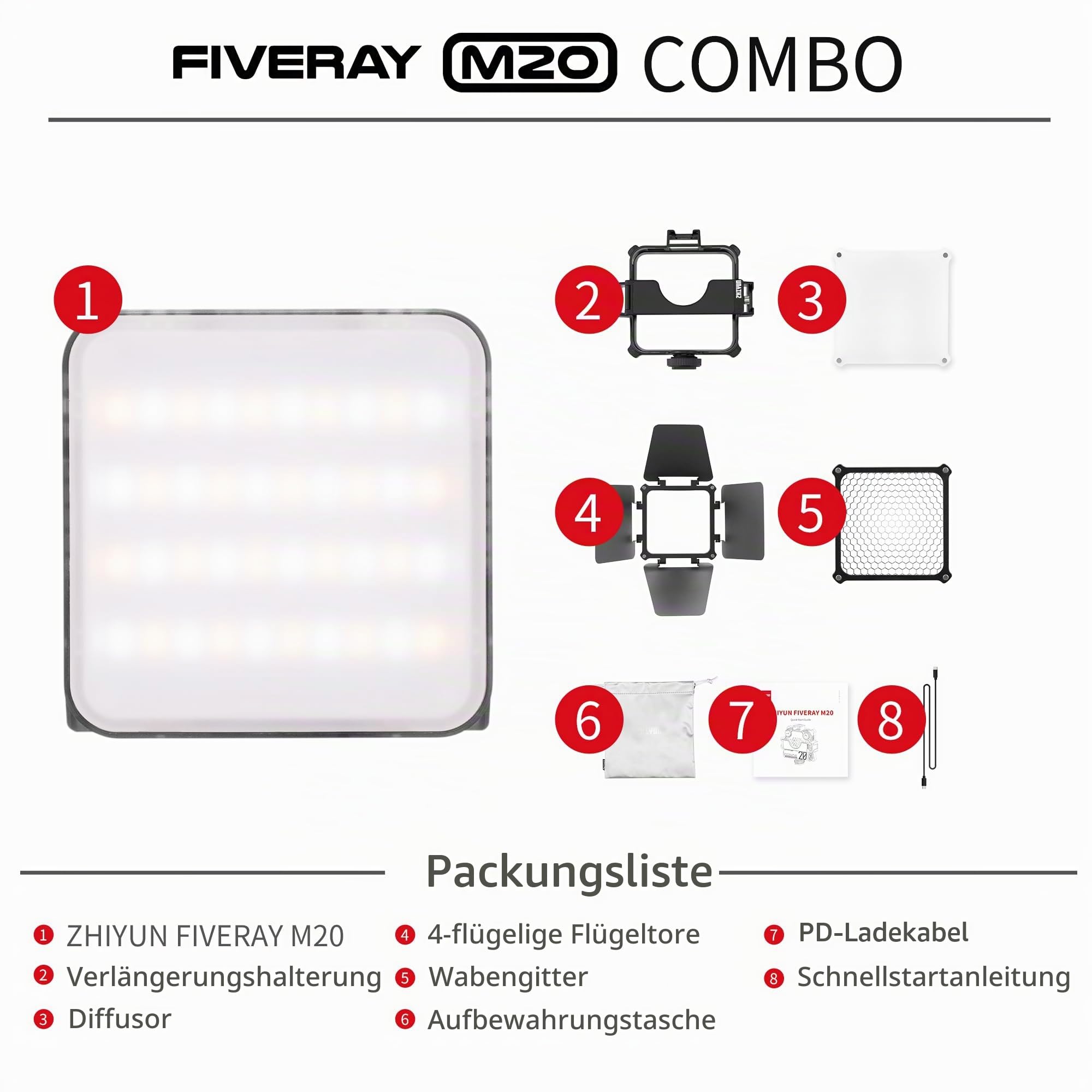 ZHIYUN Fiveray M20 Combo [Official] Videolicht 20W, Bi-Color LED Streaming Licht, Magnetisch Videoleuchte mit 2010 Lux/ 2700~6500K/ 4500mAh/ CRI 95+/ TLCI 97+, mit Gitter/Diffusor/Scheunentor/Tasche