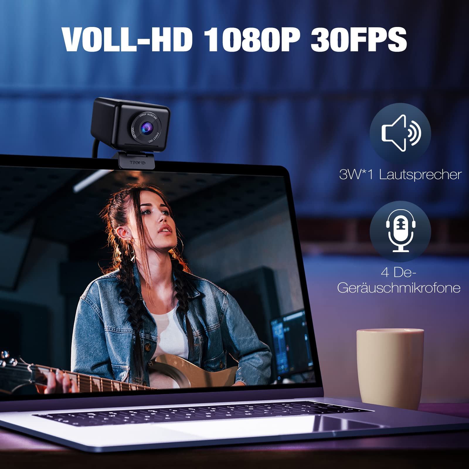 EMEET 1080P HD Webcam, Streaming Webcam mit 4 De-Noise Mikros, Smart KI Fokus & Low-Light Korrektur, einstellbare FOV, Privacy Cover, Plug&Play USB-C Webcam für YouTube, Gaming Twitch, PC/Mac-Jupiter