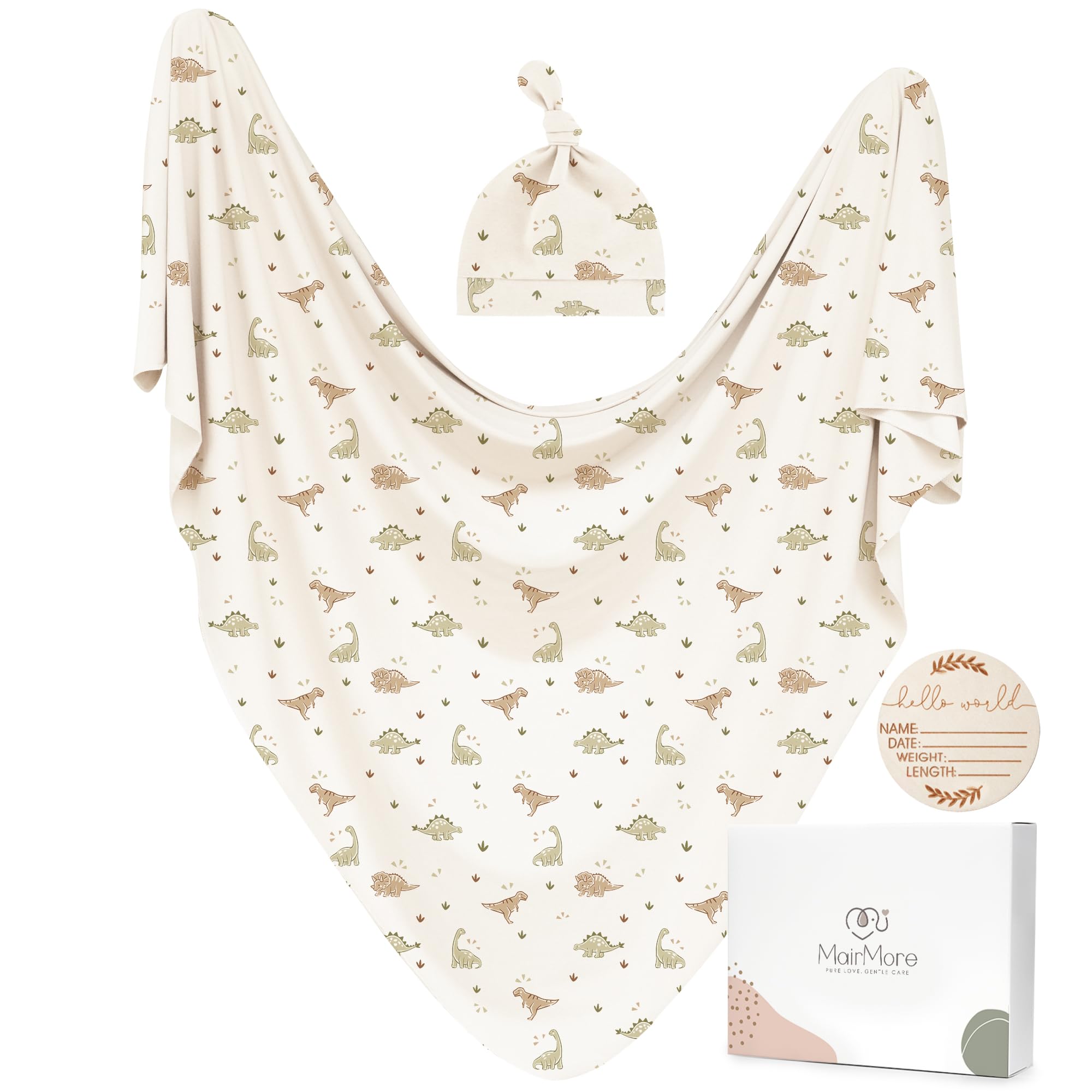 MairMore Baby Swaddle Receiving Blankets with Matching Beanie Set Newborn Nursery Swaddle Wrap for Baby Girls and Boys (Green Dinosaurs)