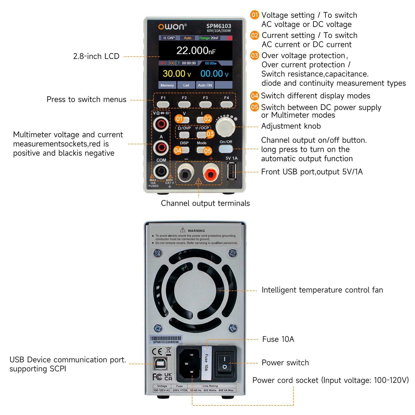 OWON SPM6103 2 in 1 Labornetzteil & Multimeter 60V/10A, DC-Netzteil Variabel, Tischnetzteil mit 2,8 Zoll Hochpräzisions-LED, USB-Schnittstelle, SCPI-Unterstützung, 4 1/2 Digital Multimeter