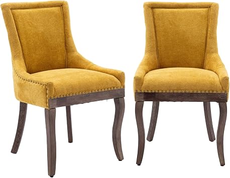 Dining Chair Set of 2,Fabric Upholstered Dining Room Chairs,Kitchen Room Chairs with Solid Wood Legs and Frame,Thicken Padded SeatYellow,2 Pcs
