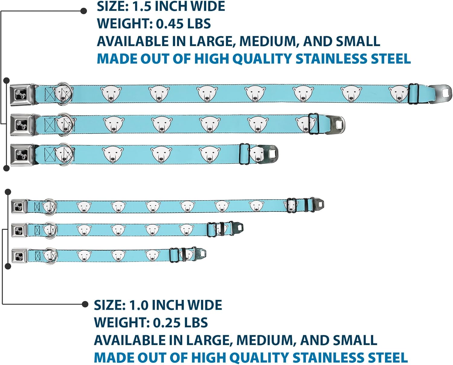 Dog Collar Seatbelt Buckle Polar Bear Repeat Baby Blue 15 to 26 Inches 1.0 Inch Wide