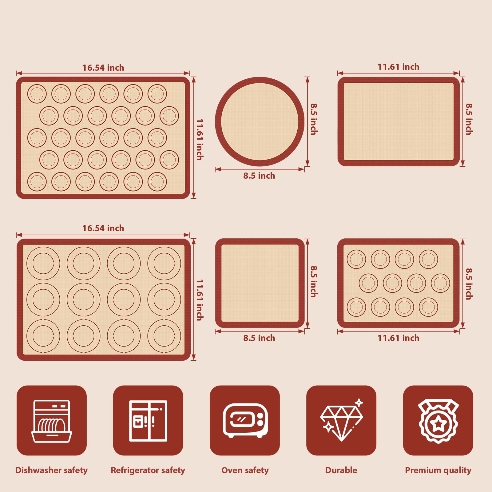 Silikon Backmatte 6er Set, Macaron Silikon Backmatte für Backbleche, Antihaft & Wiederverwendbar Silikonmatten zum Backen von Macarons, Keksen, Gebäck, Pizza
