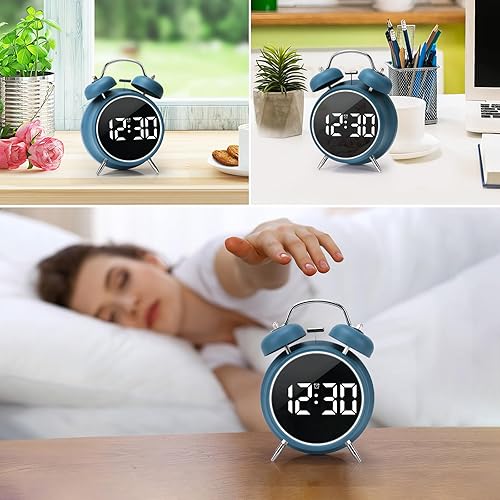 Miniatura 5 de JUSTUP Reloj despertador digital pequeño, reloj despertador electrónico LED de doble campana de 4.5 pulgadas, con enchufe o funciona con pilas,