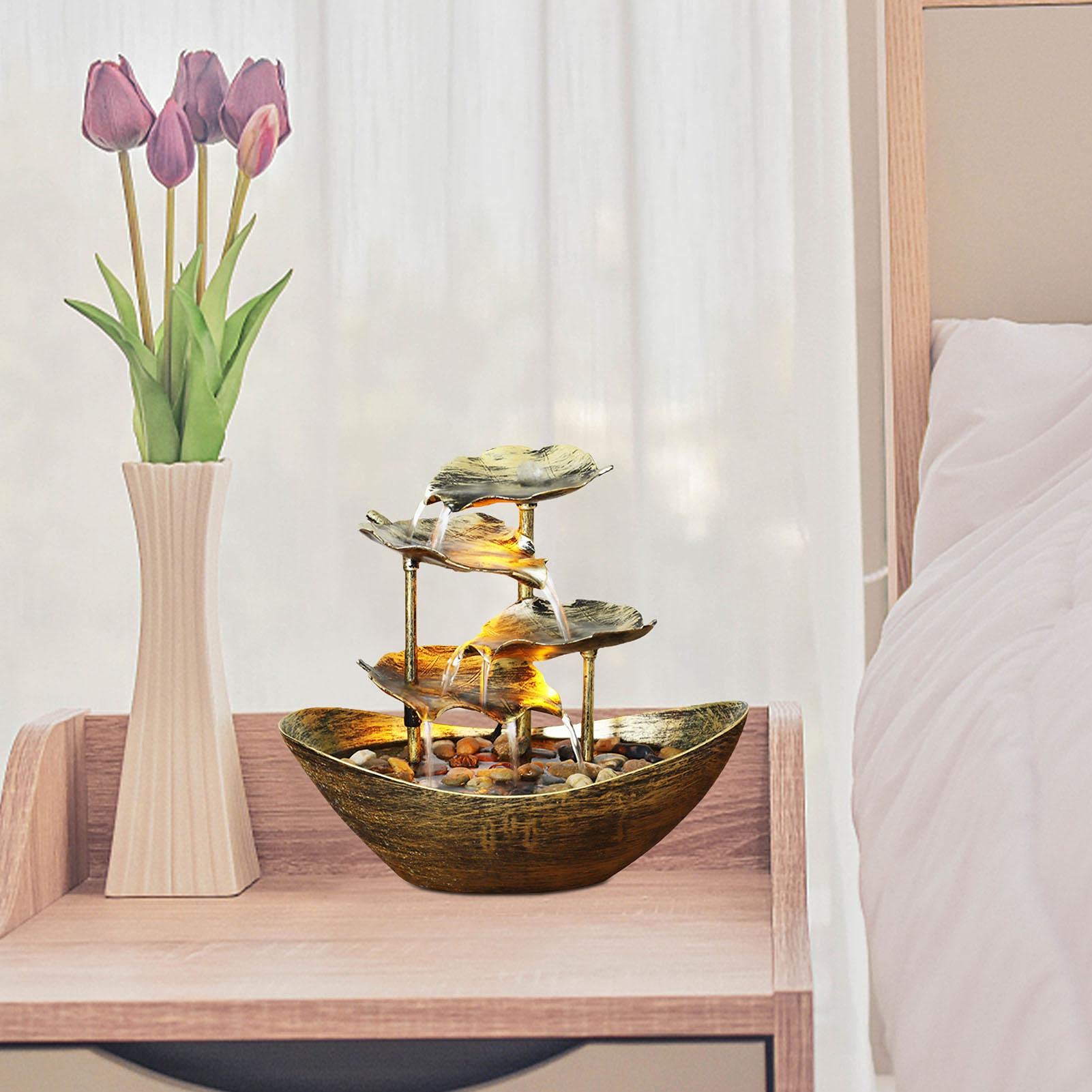 Pequeña Fuente Cascada De Interior - Fuente De Agua De Oficina Con Luces LED Para La Decoración Del Hogar | Fuente De Mesa Relajante, Perfecta Para Sala, Oficina Y Espacios De Medios