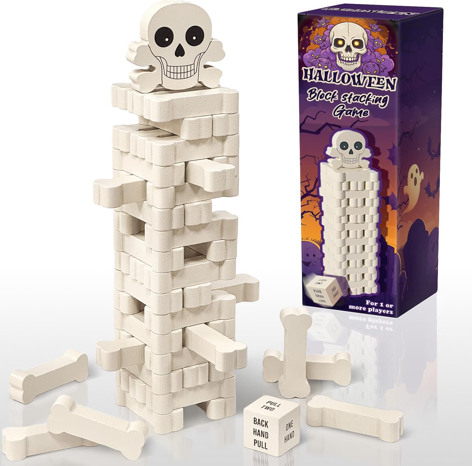 aerwo wooden blocks stacking games, tumbling tower and balance halloween games for kids, skeleton for kids and adults with six-sided dice, wood blocks twister game