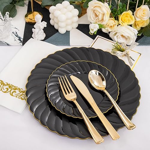 Miniatura 8 de YOUBET 150 platos de plástico negro y dorado, platos de plástico negro con borde dorado que incluyen 25 platos llanos, 25 platos de postre, 75