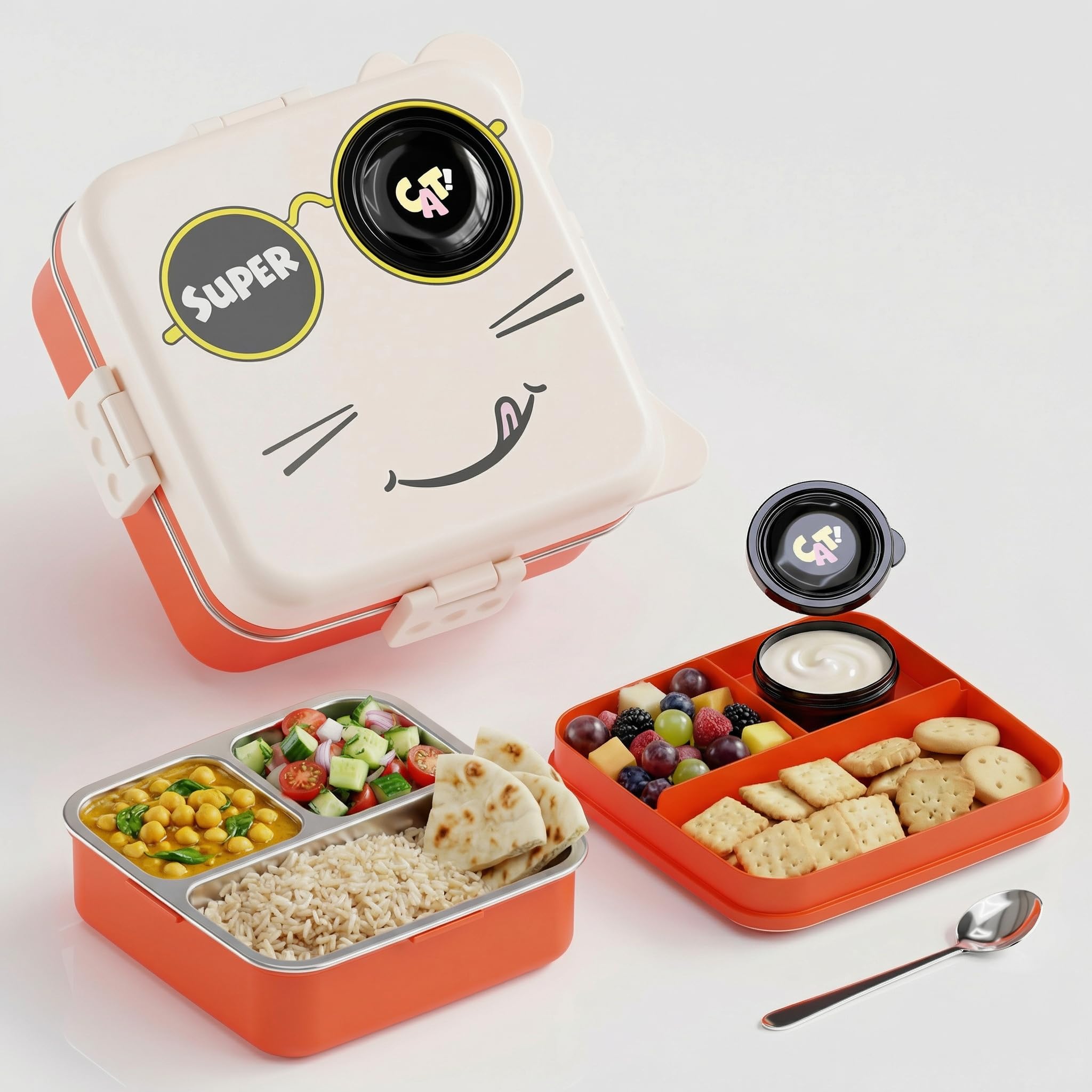 MEDALLIX Lunch Box for Kids & Adults, Multi Layer Tiffin Box, Stainless Steel Food Container with Partition, Leakproof 3 Compartment Bento Box with Spoon, 1120ml + 70ml (White, Super Cat)