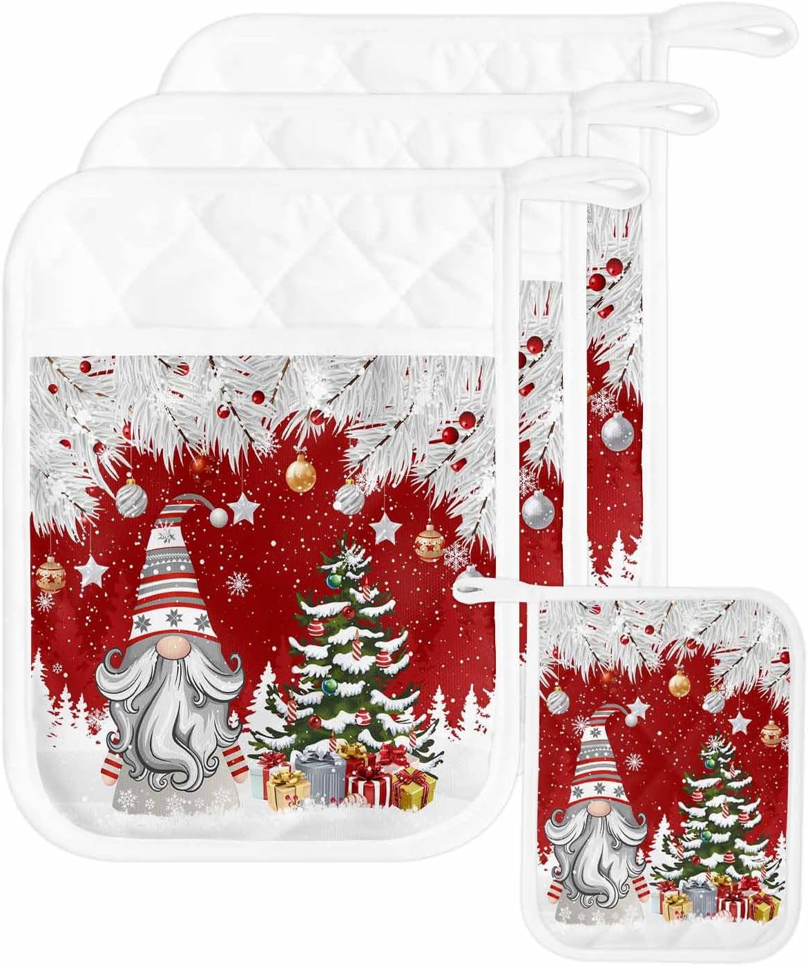 Blush Pink Snowflake 5Pcs Pot Holders for Kitchen,Non Slip & Heat Insulation Terry Cloth Potholder Set with Pocket,Thick Hot Pad Oven Mitts Trivet Coaster for Baking,Hello Winter Christmas Holiday