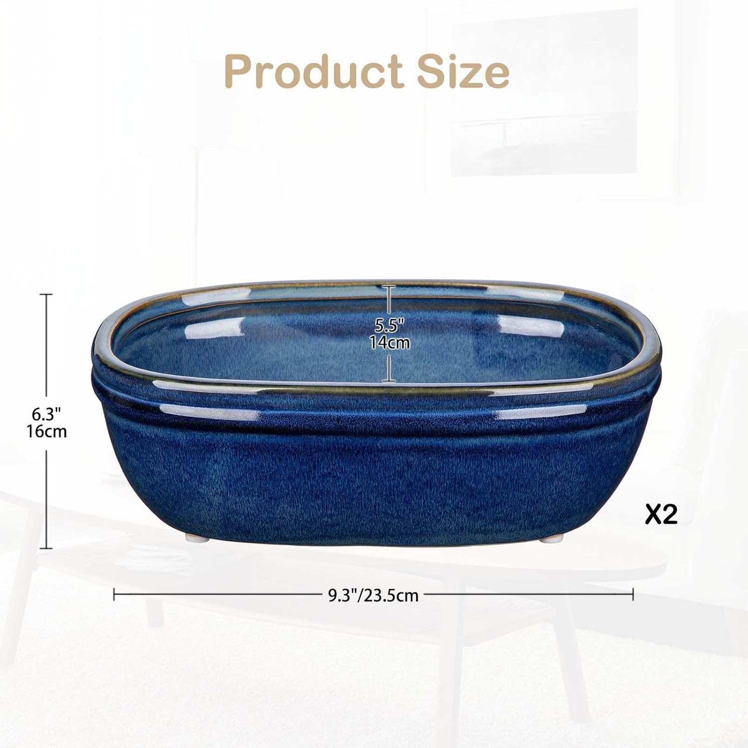 DILATATA Set of 2 Oval Ceramic Bonsai Planter Pots (9.3” x 6.3”) – Glazed Succulent & Cactus Flower Pots Without Holes for Indoor & Outdoor Plants, Bonsai Tree Pot Decorative Garden Containers