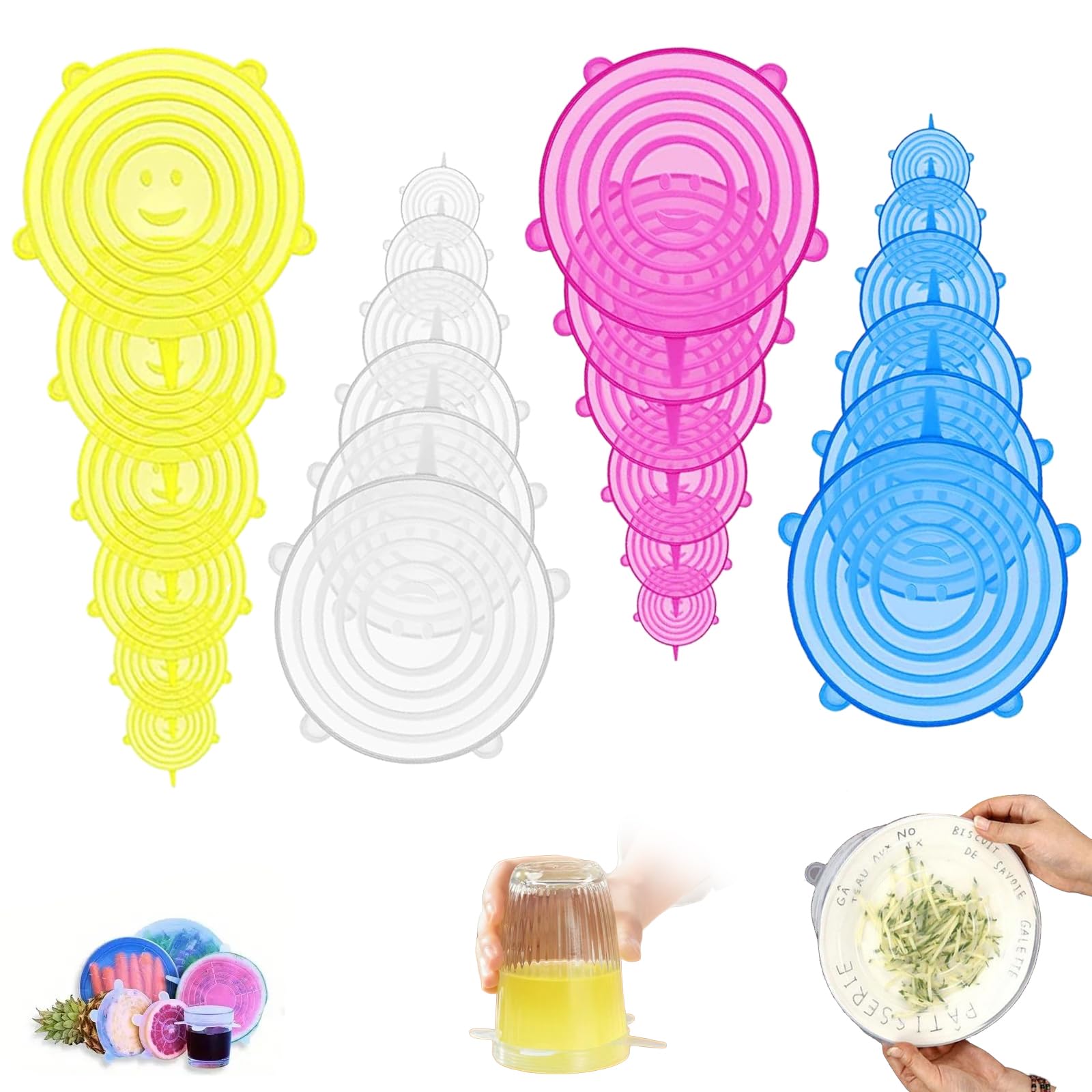Husoue Blue, White, Pink And Yellow 24 Pcs Silicone Lids Food Covers, Silicone Stretch Lids Reusable Food Covers 11 Different Sizes Microwave Food Cover Keep Food Fresh For Dishes Jars Bowls