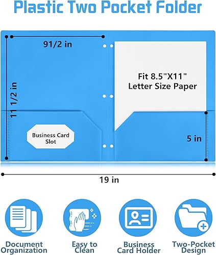 Miniatura 3 de Paquete de 6 carpetas de plástico de 3 agujeros perforadas con 2 bolsillos, carpetas de 3 agujeros con bolsillos con ranura para tarjetas de visita,
