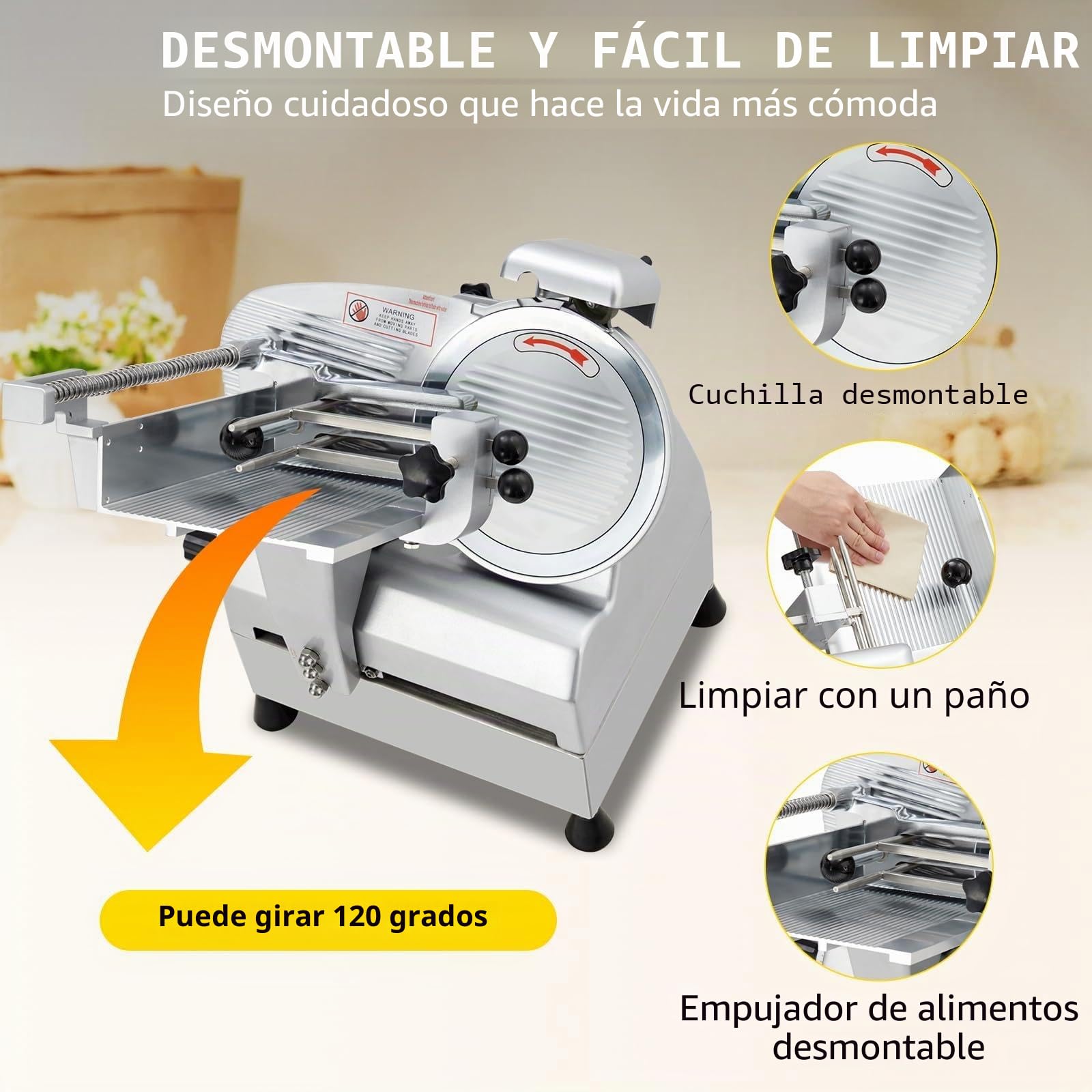 Cortadora eléctrica profesional de carne y fiambres - Motor cobre 210W, cuchilla desmontable 220mm - Grosor 0-12mm, protección infantil - Uso doméstico/comercial - Semiautomática YF-B200B, enchufe