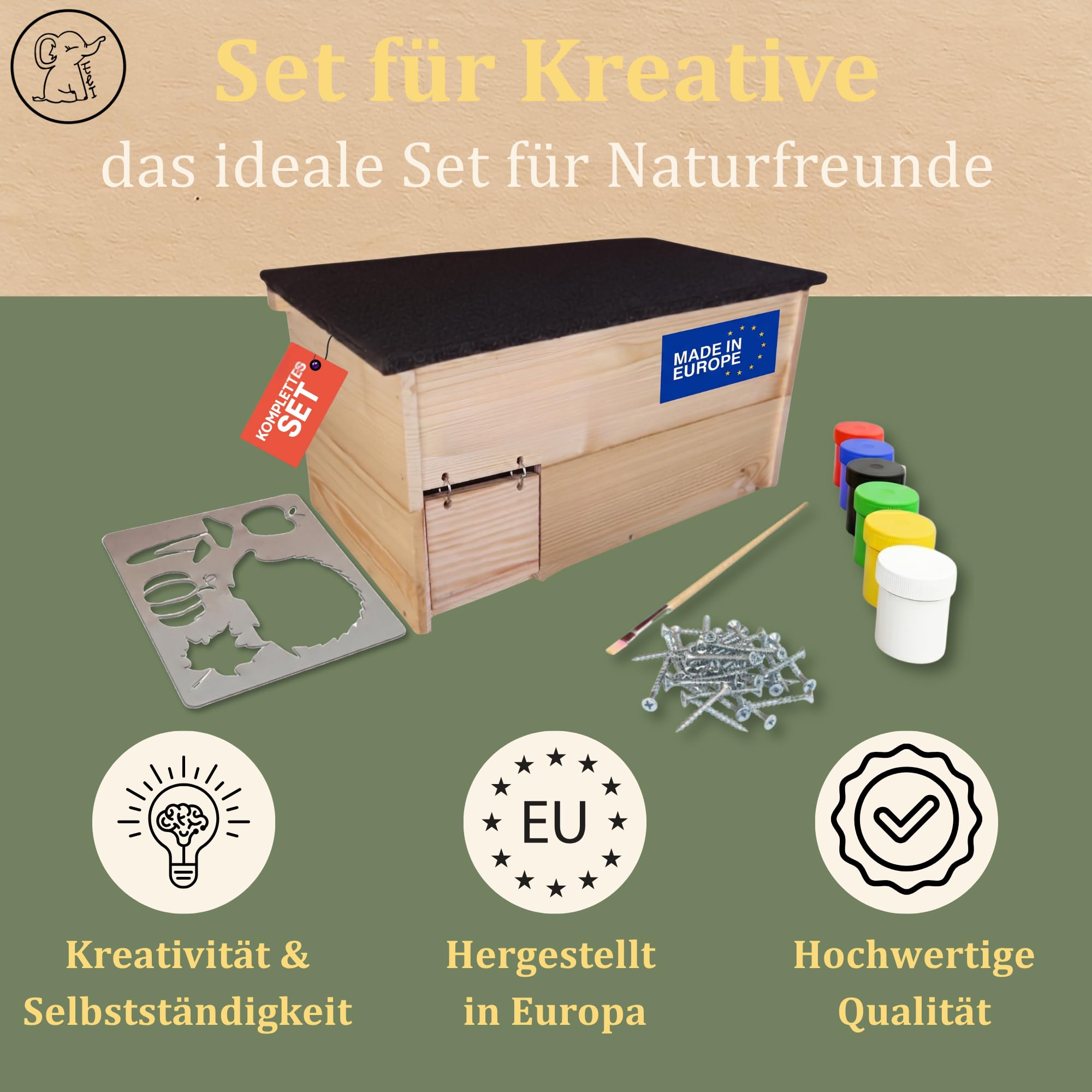 Eli® Igelhaus Bausatz für Kinder mit Rattenklappe und Labyrintheingang | bodenloser Set aus Kiefernholz zum Bemalen – inkl 6 Farben - Pinsel - Schrauben - Schablonen & Vorlagen - Jungen - Mädchen