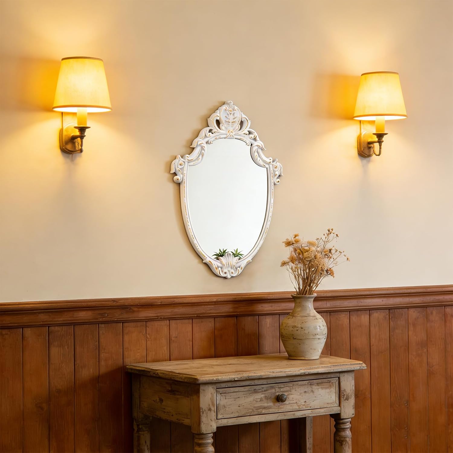 Antique Small Mirrors for Wall Decor 24 X 16 Inch, Hanging Distressed White Shield Shaped Wood Framed Vintage Wall Mirror for Living Room Bedroom Entryway Hallway Dining Room Bathroom