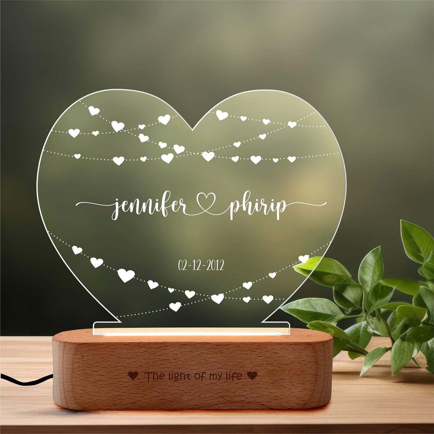 ZOCI VOCI Wood Anniversary Gift Personalized 3D Illusion Heart LED Lamp | Engraved Night Lamps for Special Occasions Unique Gift for Wife & Husband (Festival of Love), Olive 1