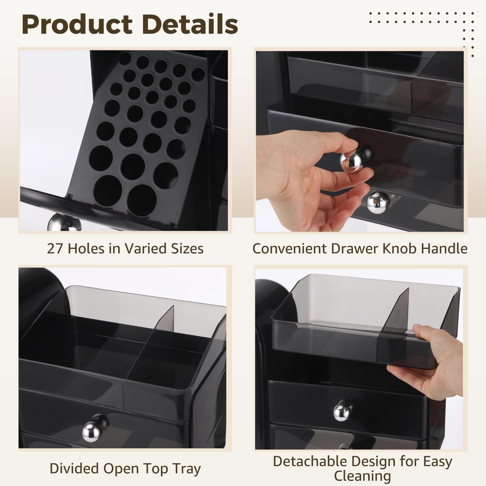 Organizador de maquillaje con soporte para brochas de 27 agujeros, 2 cajones y bandeja superior extraíble, organizador de tocador para lápiz labial, perfume, cuidado de la piel, estuche