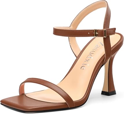 Womens Heels Sandals, Sexy Strappy Stiletto High Heel Sandals for Women Open Square Toe Adjustable Buckle Ankle Strap High Heel Sandals Prom Dress Pumps 3.35 Inch