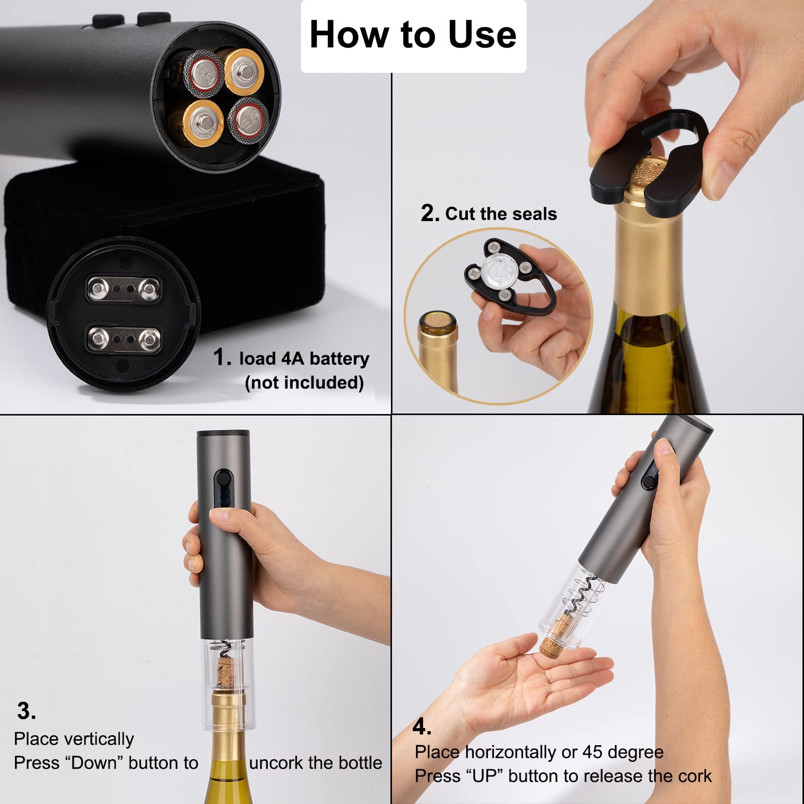 Obsoorth Electric Wine Opener with Foil Cutter Easy to Use Electric Wine Bottle Opener Battery Operated Automatic Travel Corkscrew Wine Opener for Home Kitchen Aid Party Bar Travel, Silver