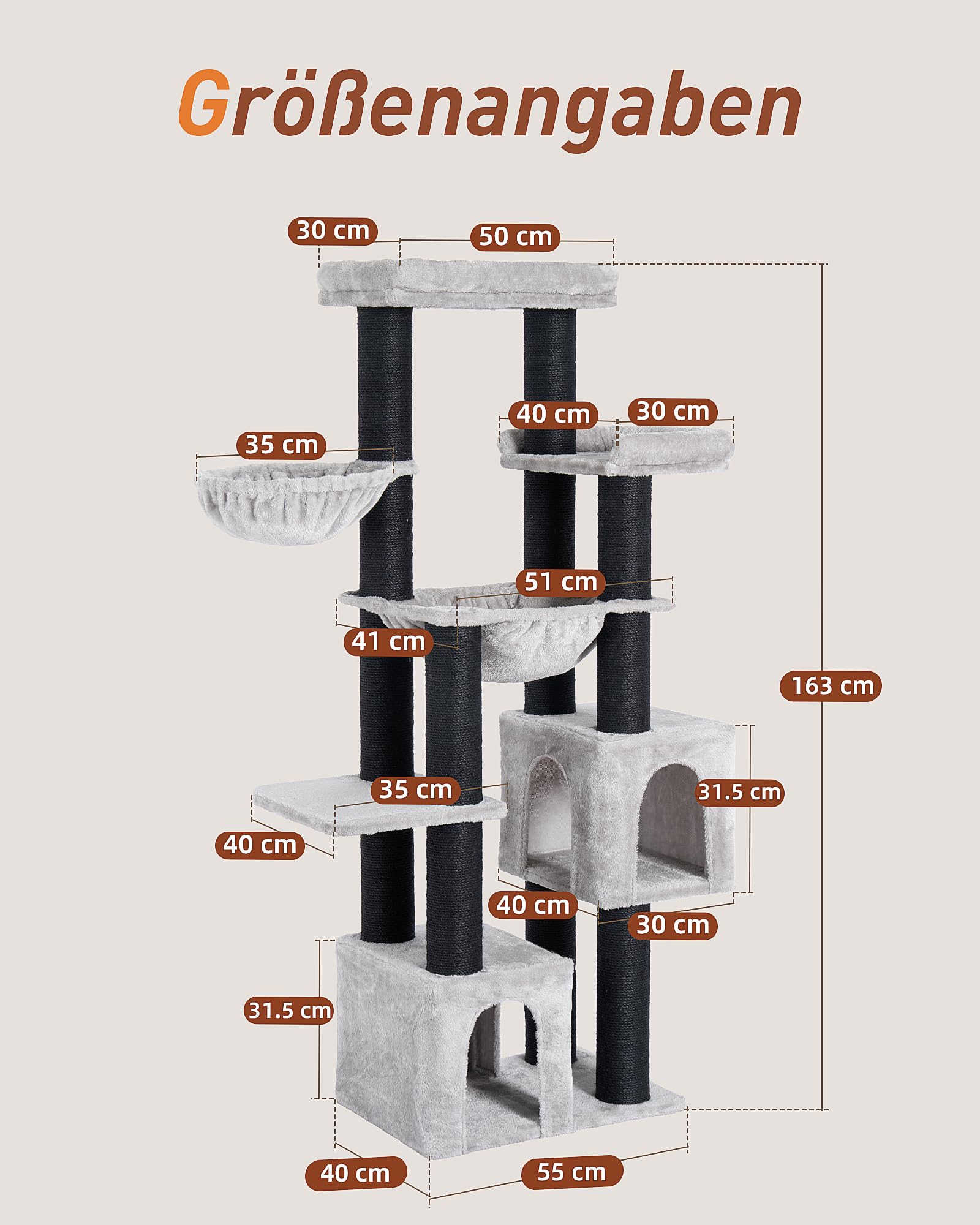 Kratzbaum für Große Katzen, 164cm Kratzbaum Groß, 11cm d Stämme | Kratzbaum Grosse Katzen Stabil, 2 Hängematte, 2 Plüschplattform, 2 Höhle, Mehrstöckiger Katzenbaum für Große Katzen, Grau